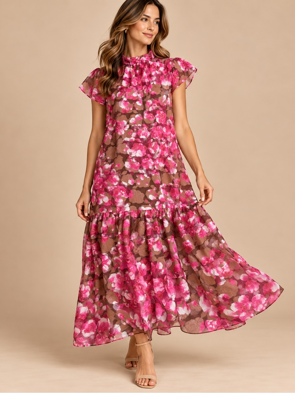 Sugarlips Pink Brown Floral Chiffon Maxi Dress Size 2X